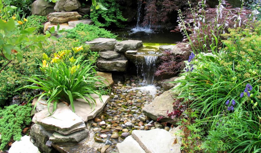 Альпийская горка около пруда