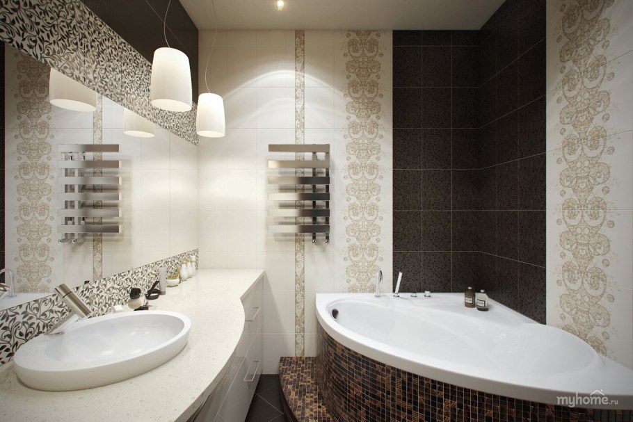 Санузел с угловой ванной в современном стиле