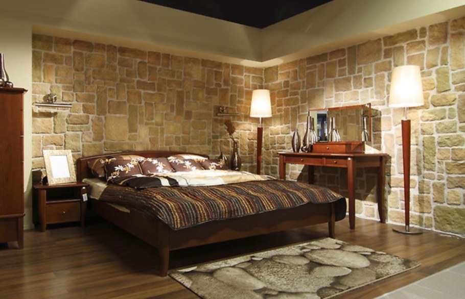 Искусственный камень в интерьере спальни