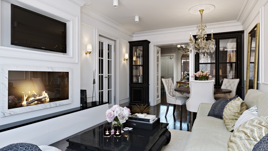 Гостиная в американском стиле с камином