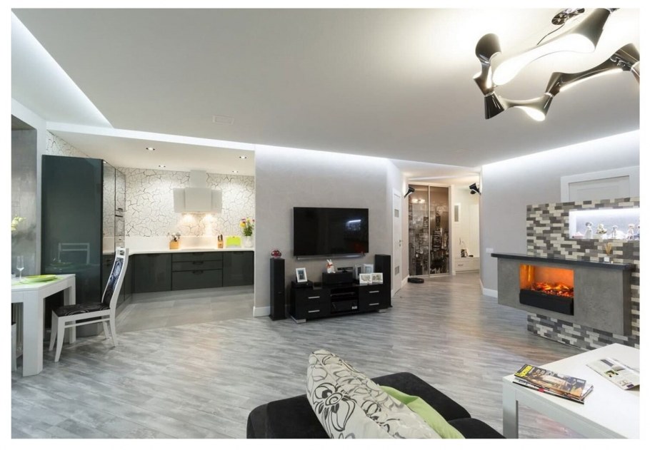 Современный интерьер кухни-гостиной