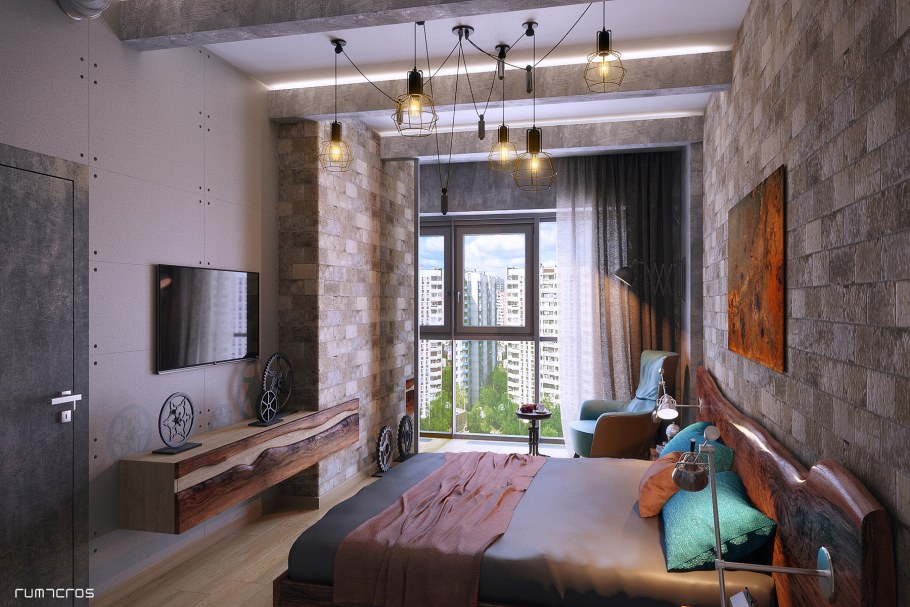 Спальня в стиле лофт в хрущевке