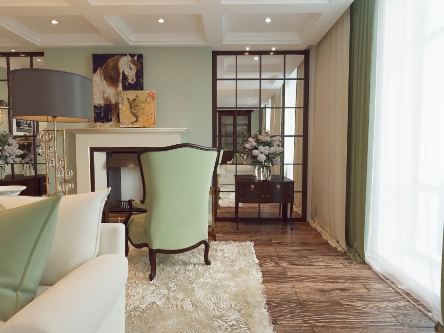 Фисташковые стены в интерьере гостиной