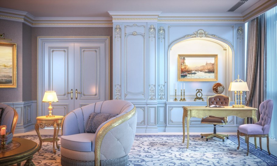 Синие с позолотой стены