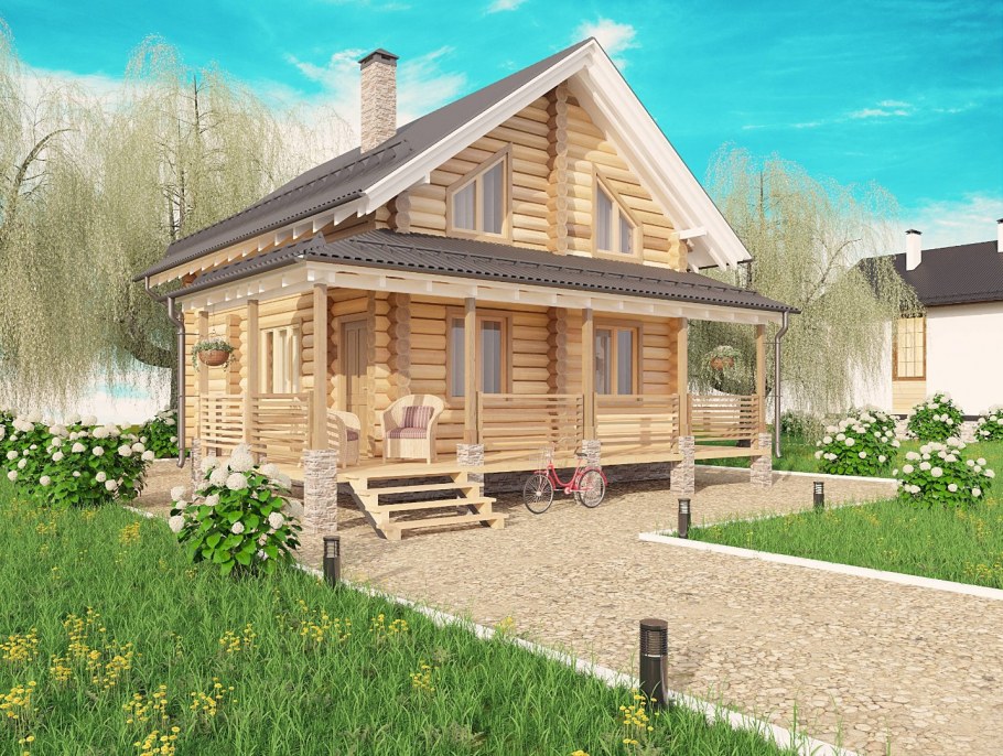 Деревянный дом с террасой под одной крышей