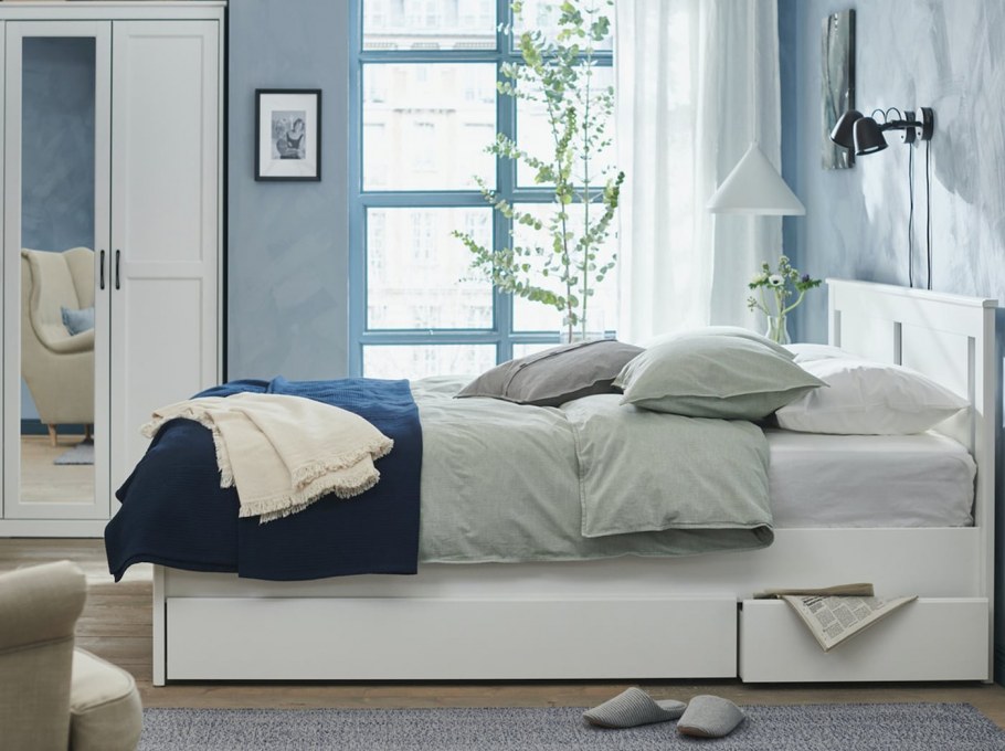 SONGESAND СОНГЕСАНД каркас кровати с 2 ящиками, белый/лонсет140x200 см