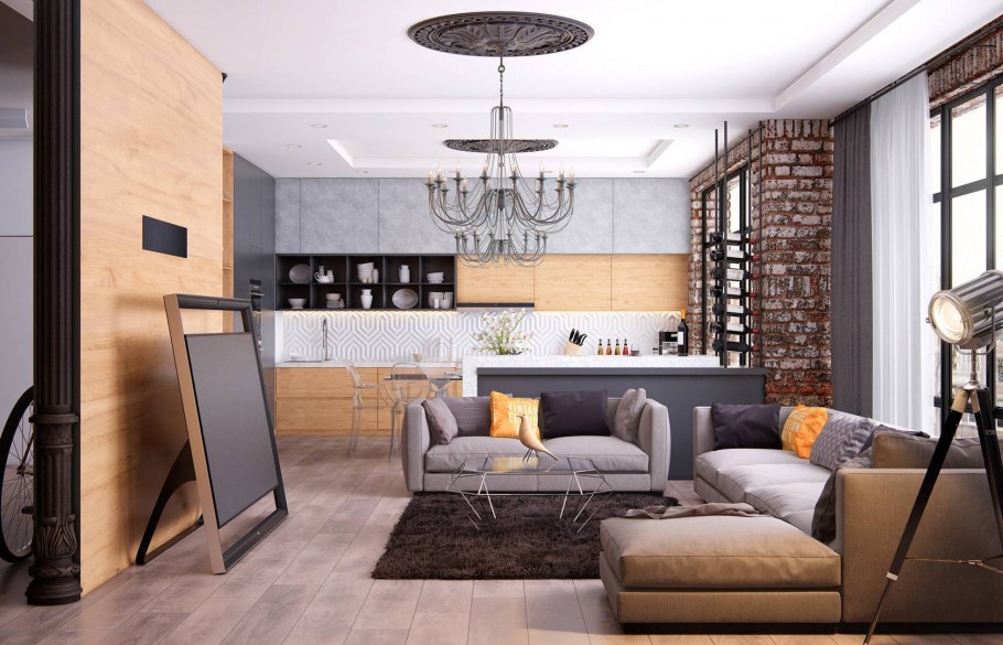 Гостиная совмещенная с кухней в стиле лофт