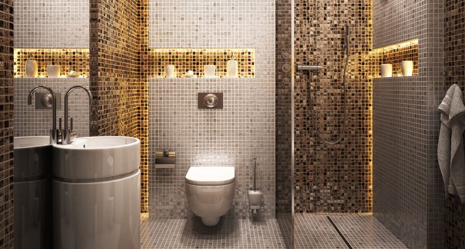 Плитка в ванной комбинированная с мозаикой в душевой