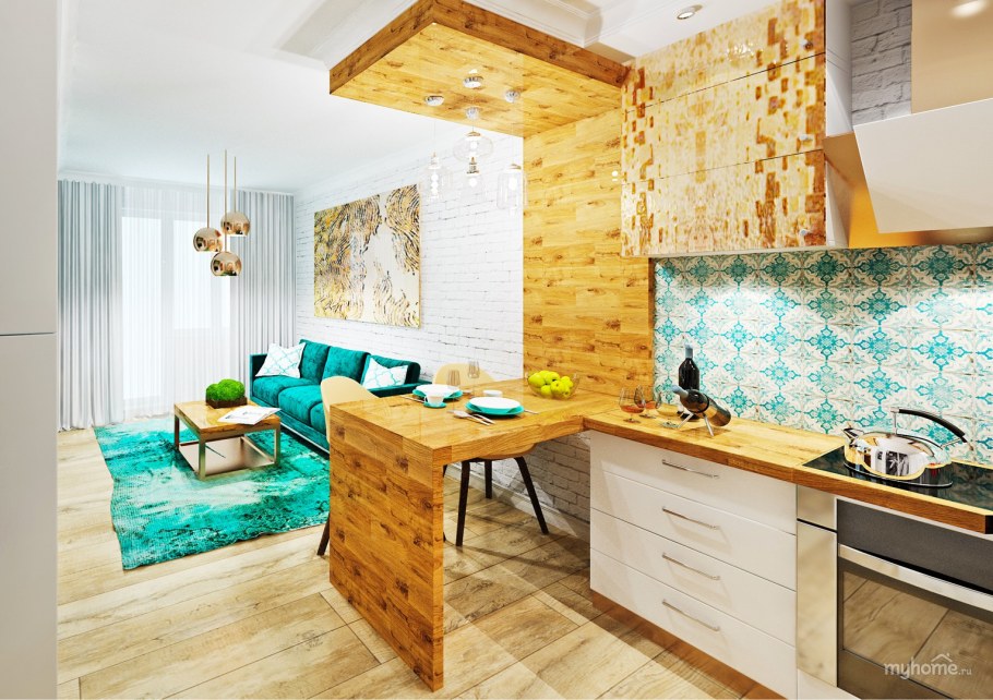 Кухня гостиная бирюза с деревом