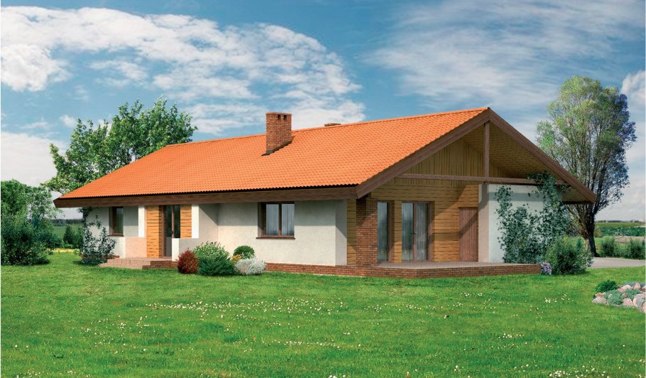Широкий одноэтажный дом с двускатной крышей
