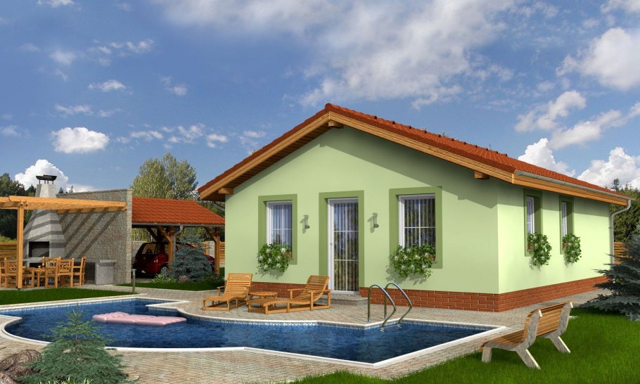 Одноэтажный дом с двускатной крышей