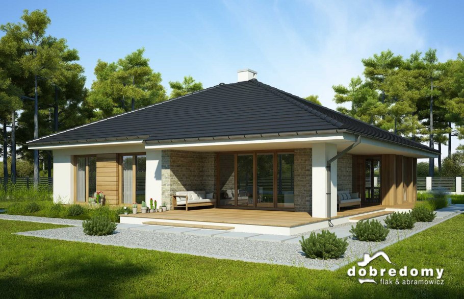 Одноэтажный дом с невысокой крышей