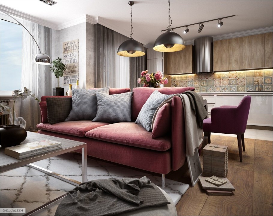 Диван винного цвета в интерьере