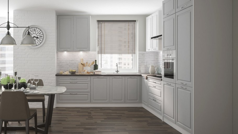 Угловая белая кухня с деревянной столешницей в скандинавском стиле