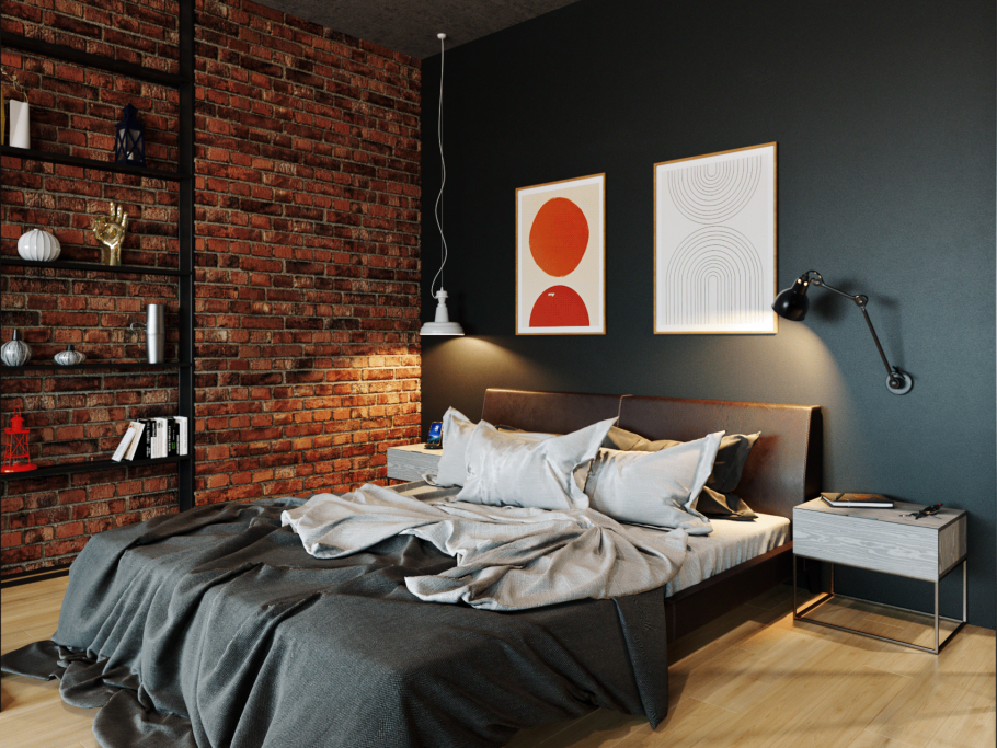 Спальня в стиле лофт для девушки в красных,белых и черных тонах