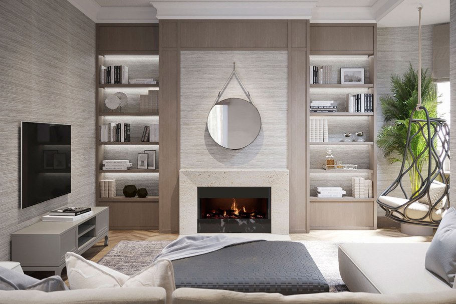 Гостиная с камином у окна