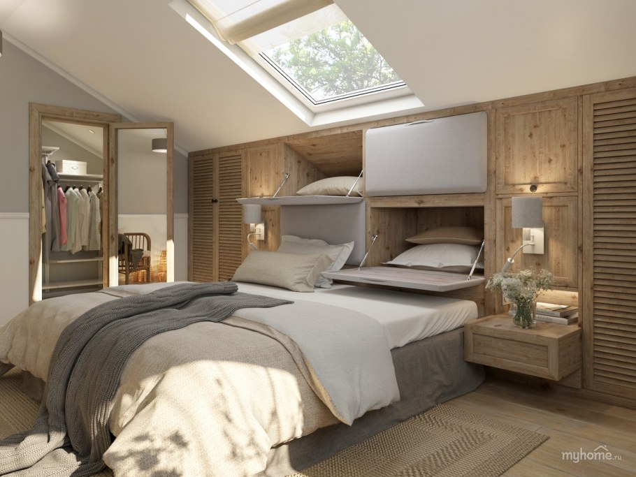 Мансардная спальня с гардеробной