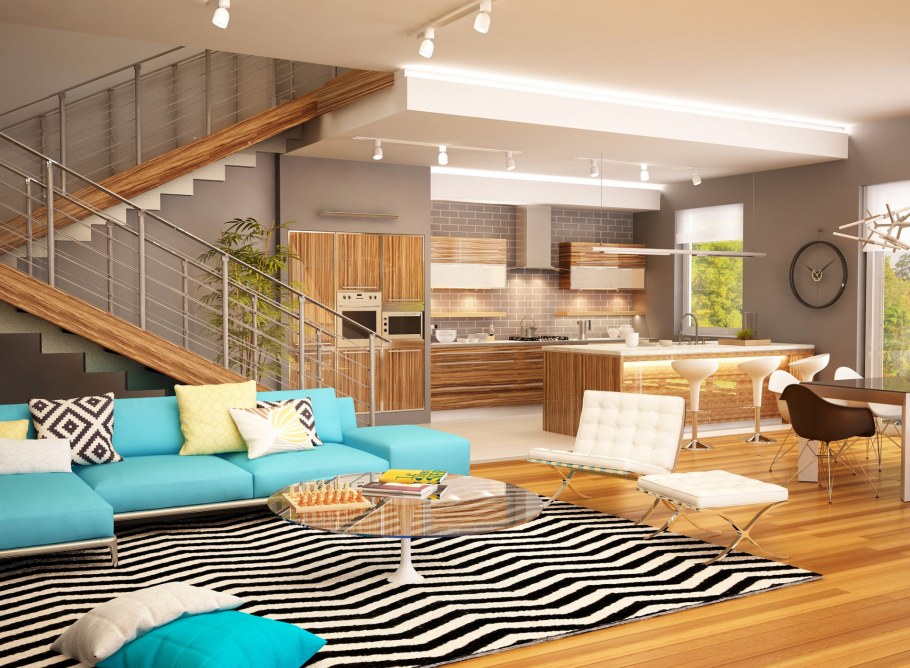 Планировка кухни гостиной с лестницей