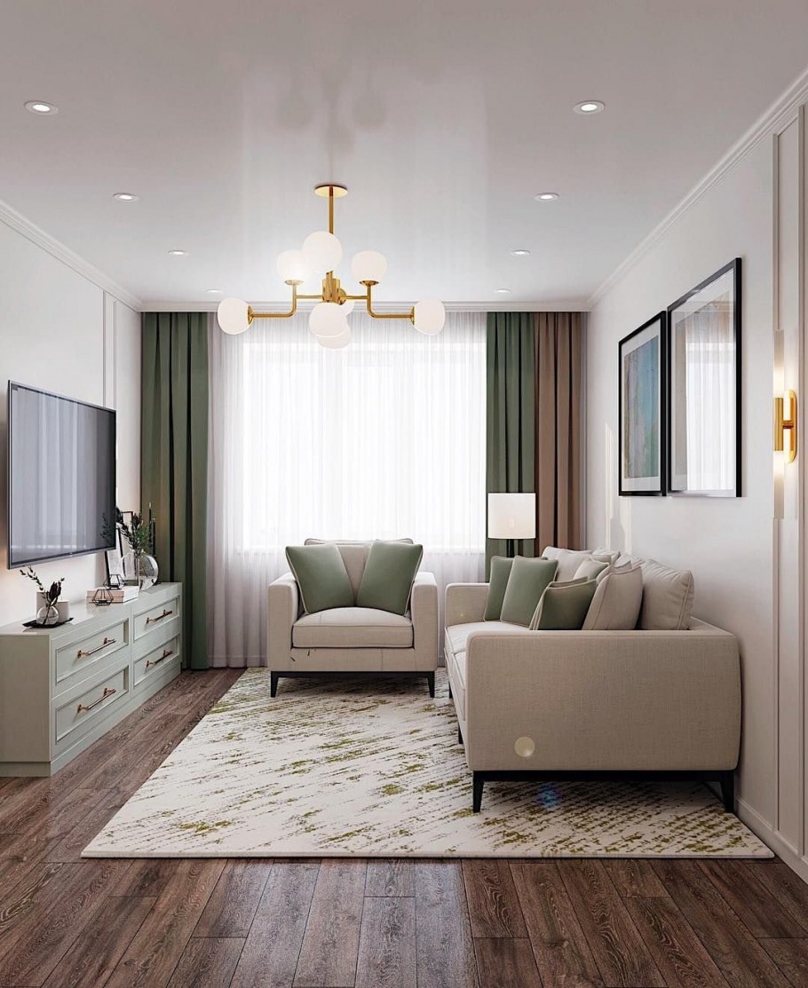 Интерьер зала в бежевых тонах 2022