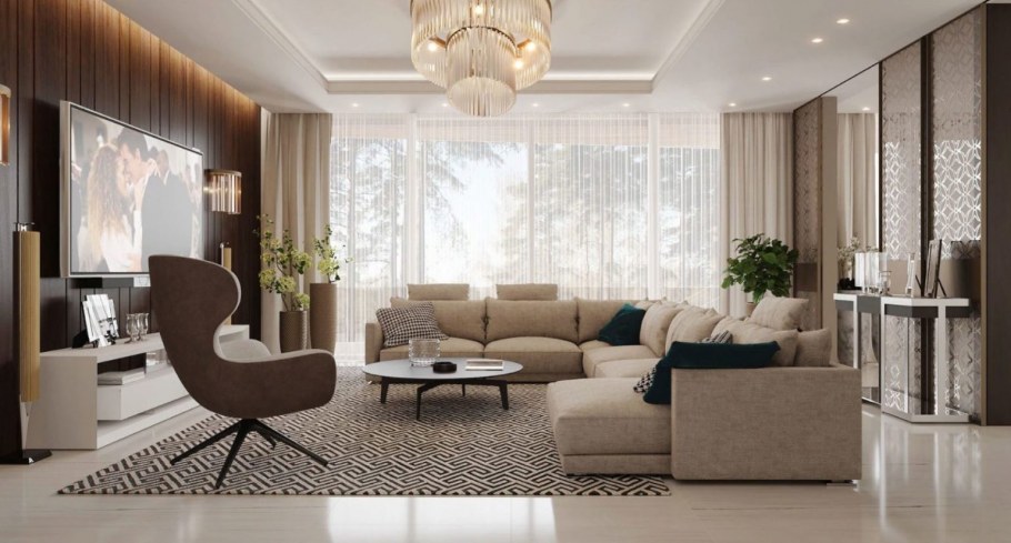 Современная гостиная в бежевых тонах