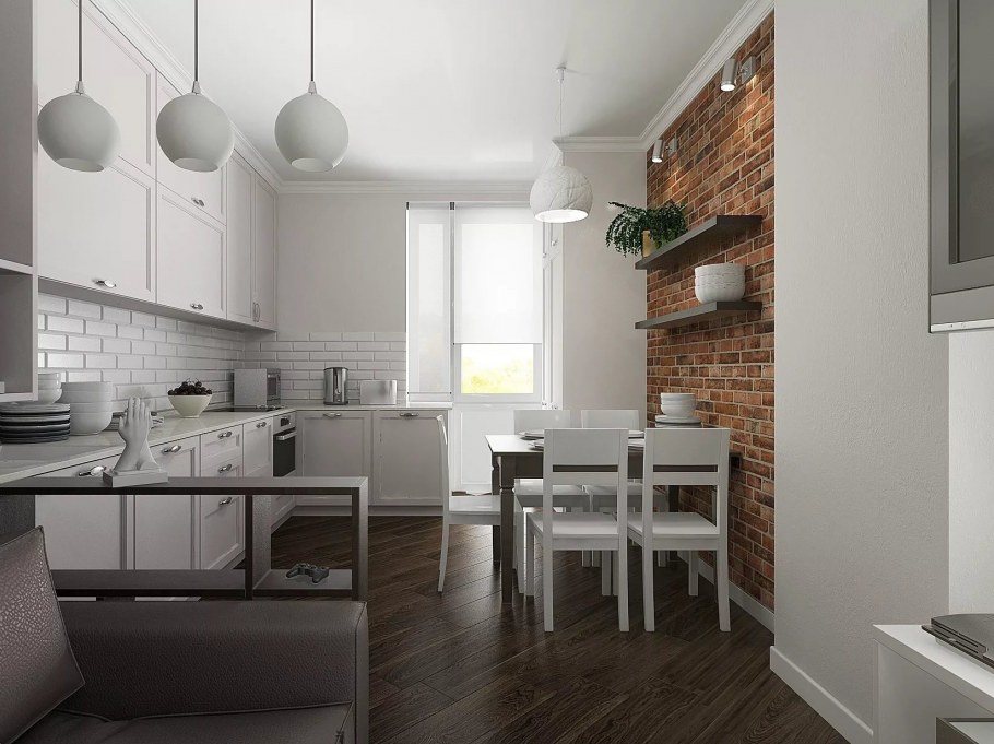 Кирпич в интерьере кухни