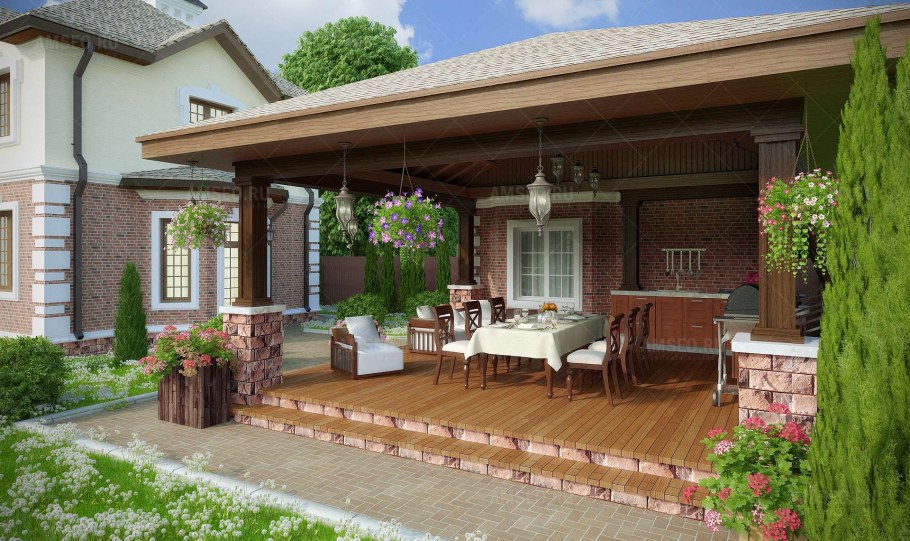 Веранда с кирпичными столбами пристроенная к дому