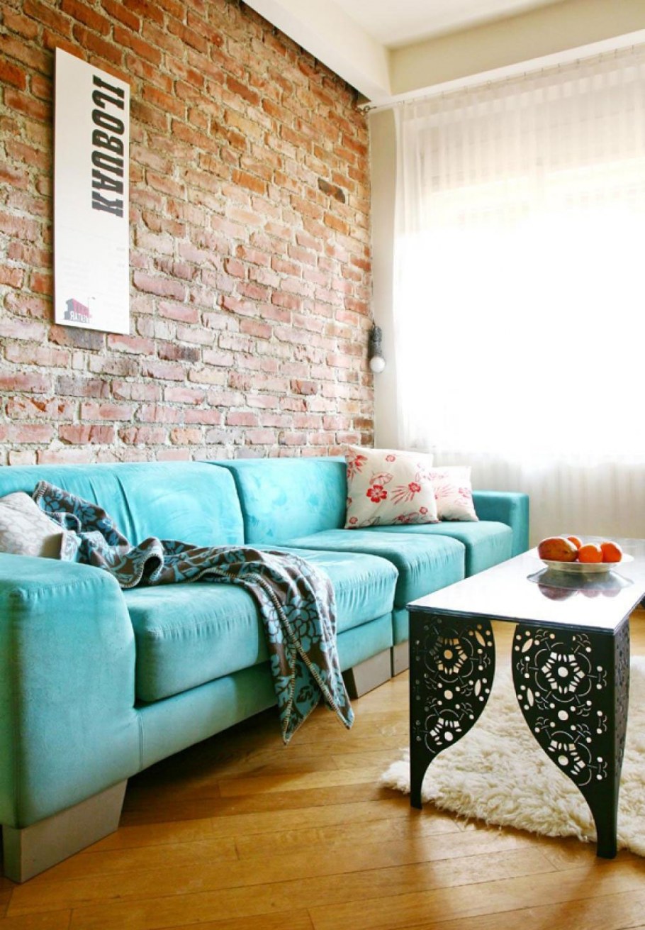Бирюзовый кирпич в интерьере
