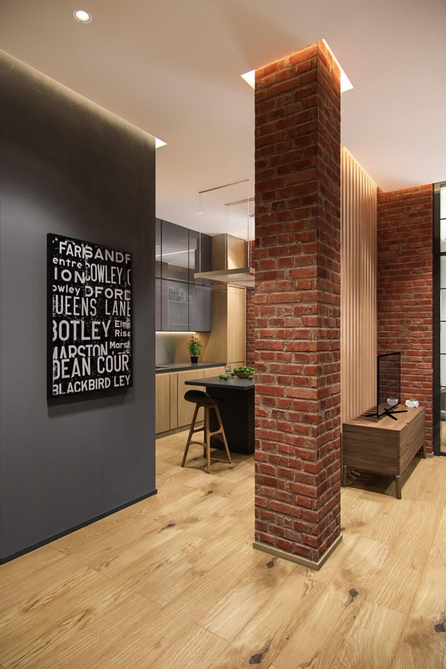 Кирпичная колонна в интерьере