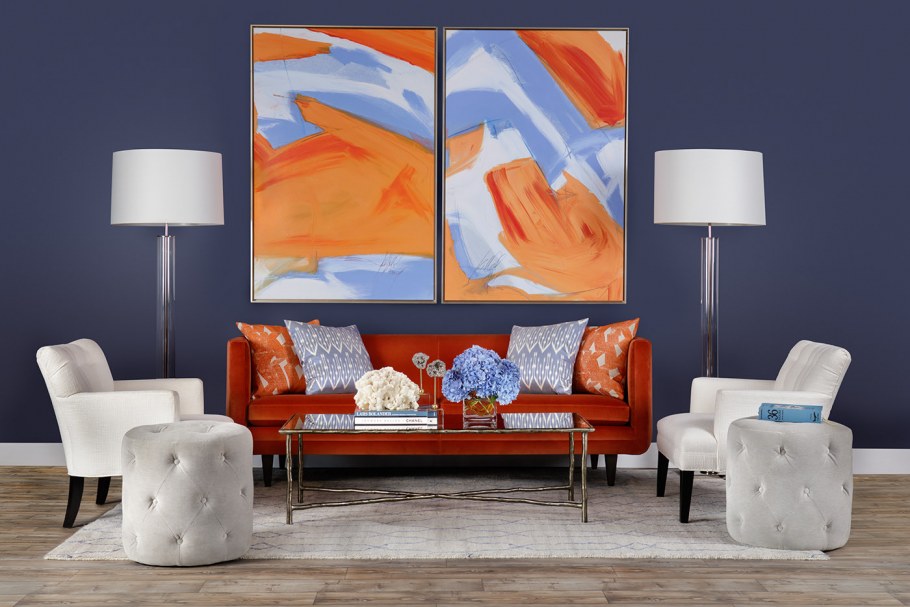 Сине оранжевый интерьер гостиной