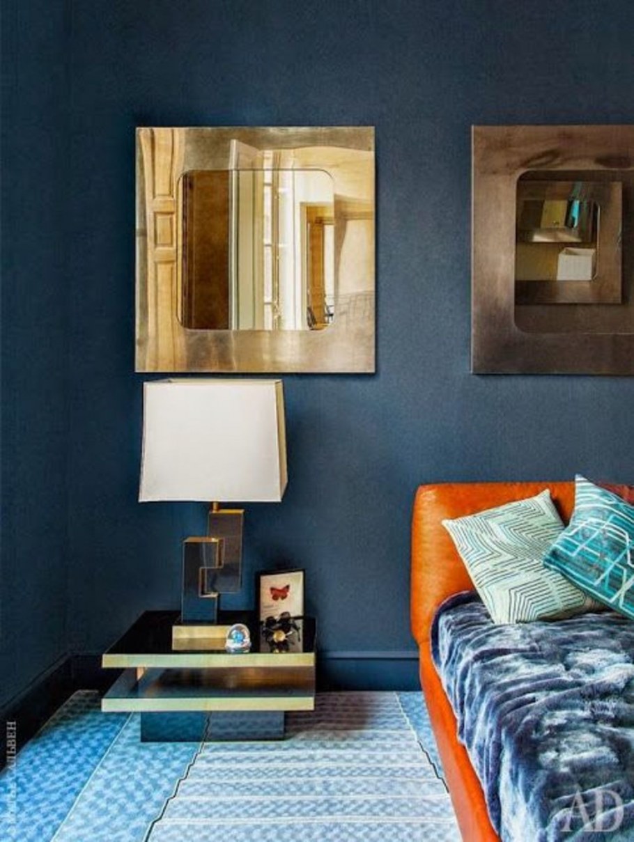 Сине оранжевый интерьер спальни