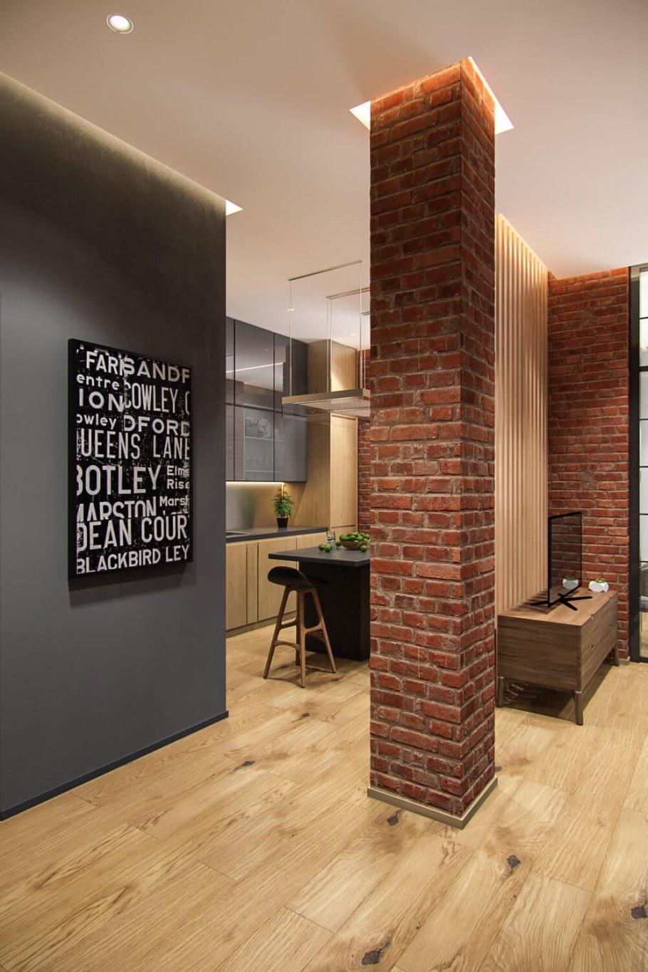 Кирпичная колонна в интерьере