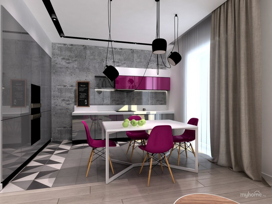 Кухня в серых тонах с яркими акцентами