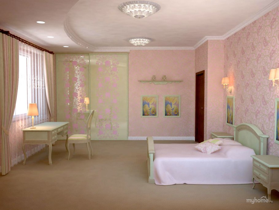 Спальня в бежево розовых тонах с зеленым