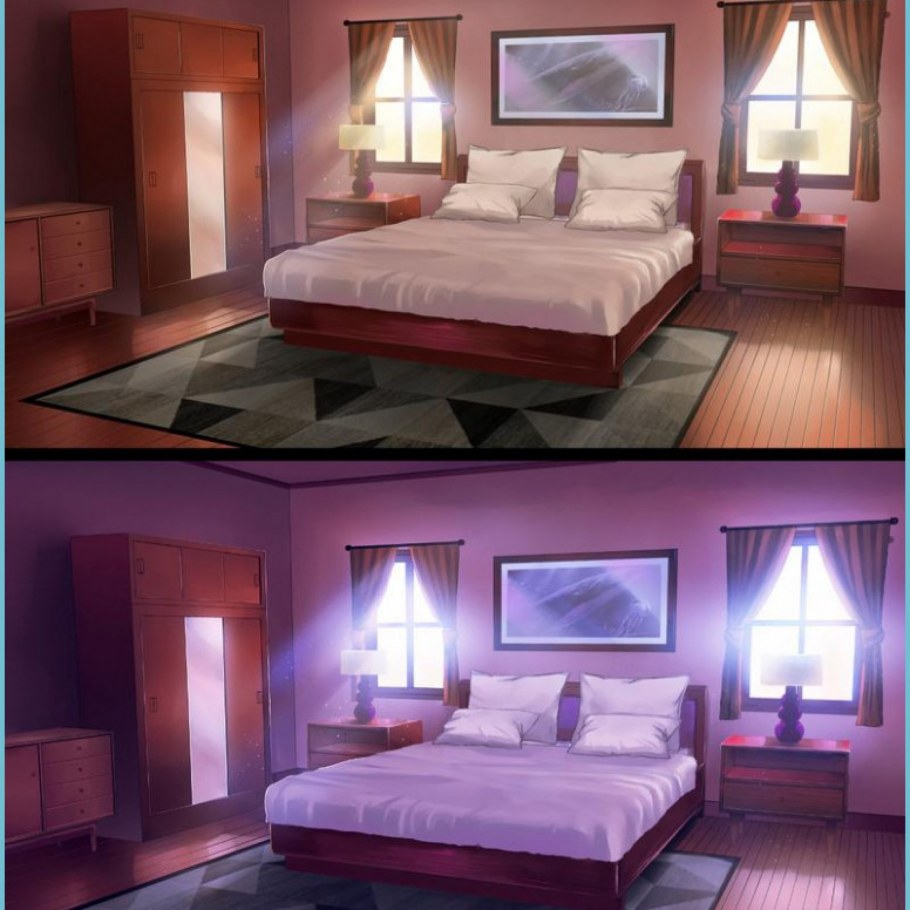 Комната с кроватью ночью