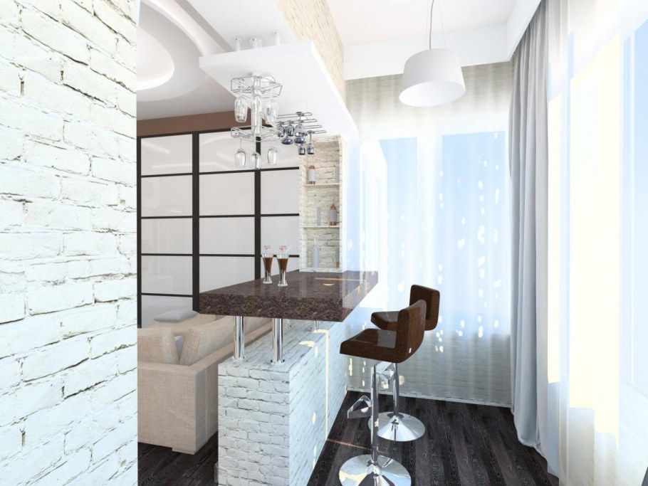 Обои красный кирпич в интерьере вдоль окна с барной стойкой