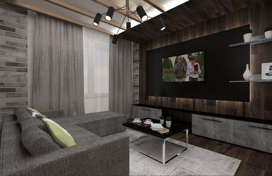 Гостиная черная с деревом