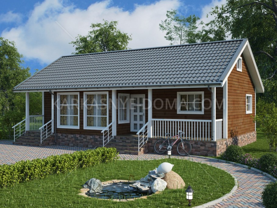Каркасный дом одноэтажный с террасой зимний