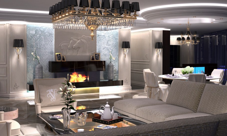 Гостиная арт деко с камином