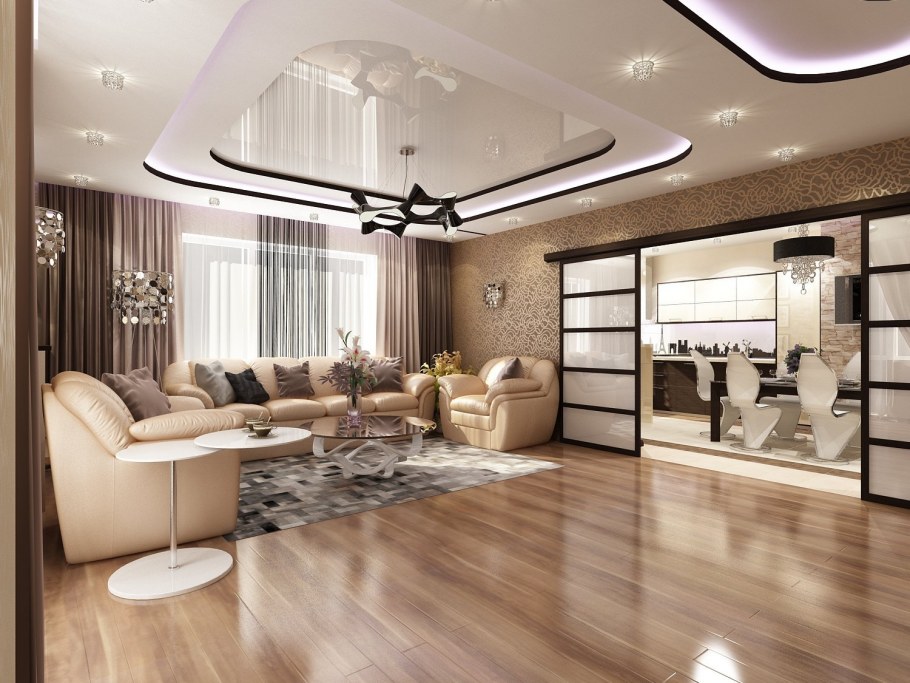 Многоуровневый потолок в гостиной