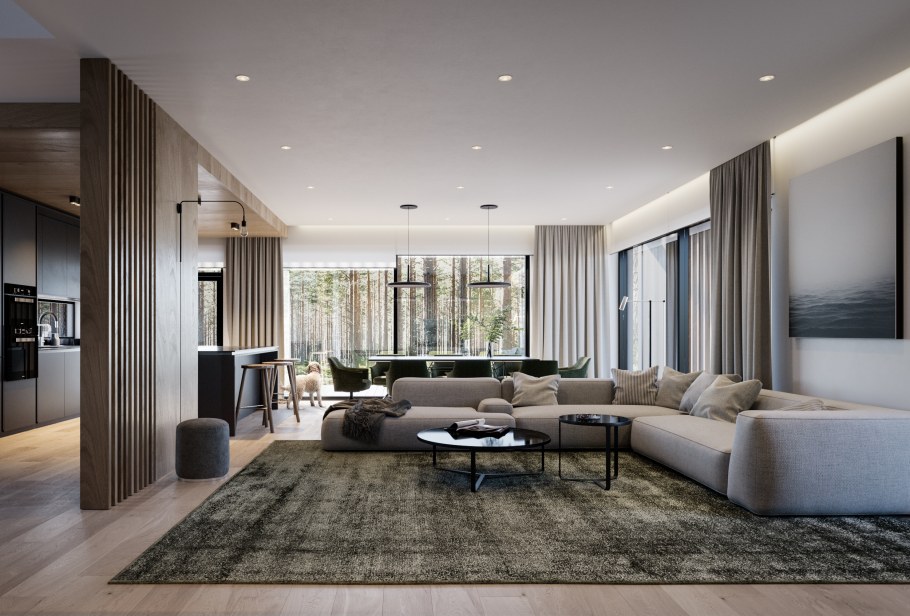 Гостиная в современном стиле с панорамными окнами