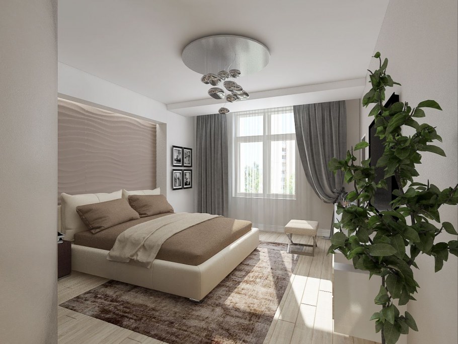 Спальня в светлых тонах в современном стиле в трехкомнатной квартире
