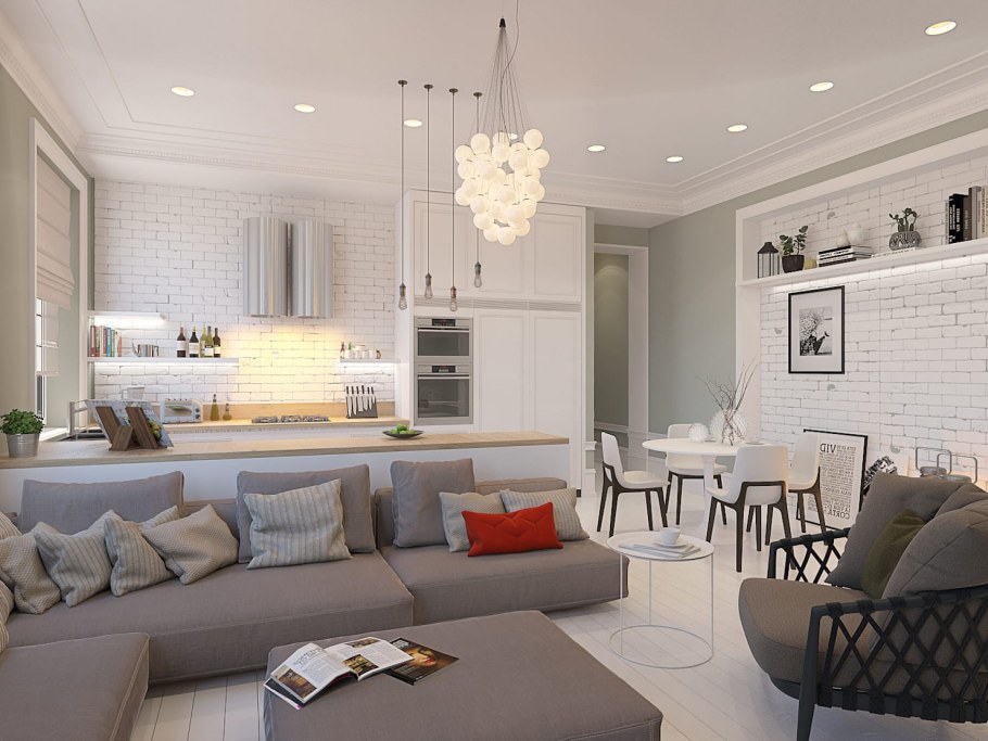 Кухня гостиная белая Неоклассика