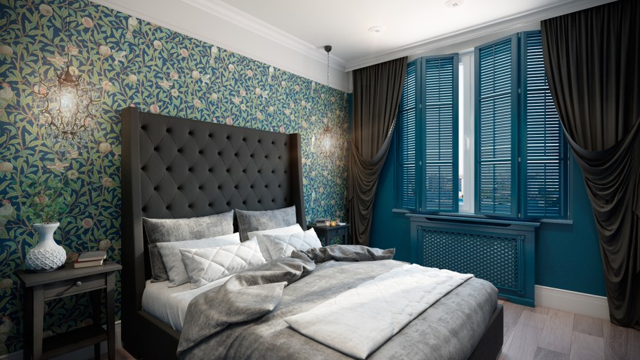 Бирюзовая спальня с темной мебелью