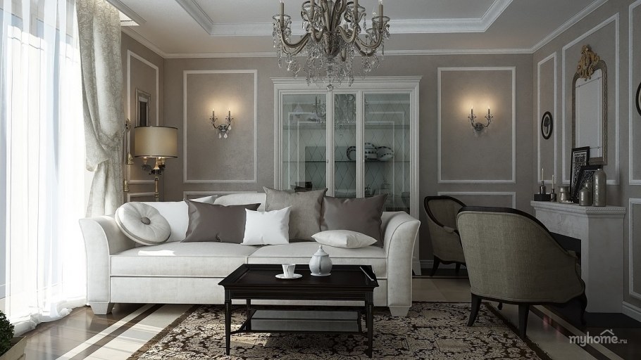 Молдинги в интерьере гостиной в современном стиле