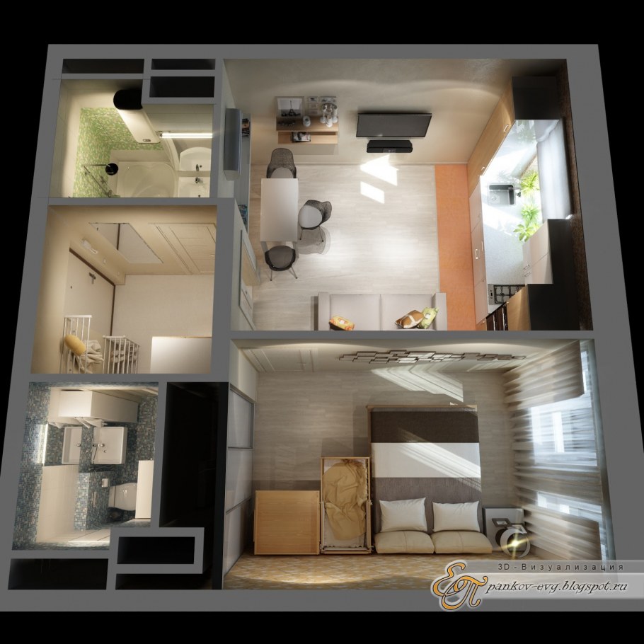 Дизайнерский проект однокомнатной квартиры сверху