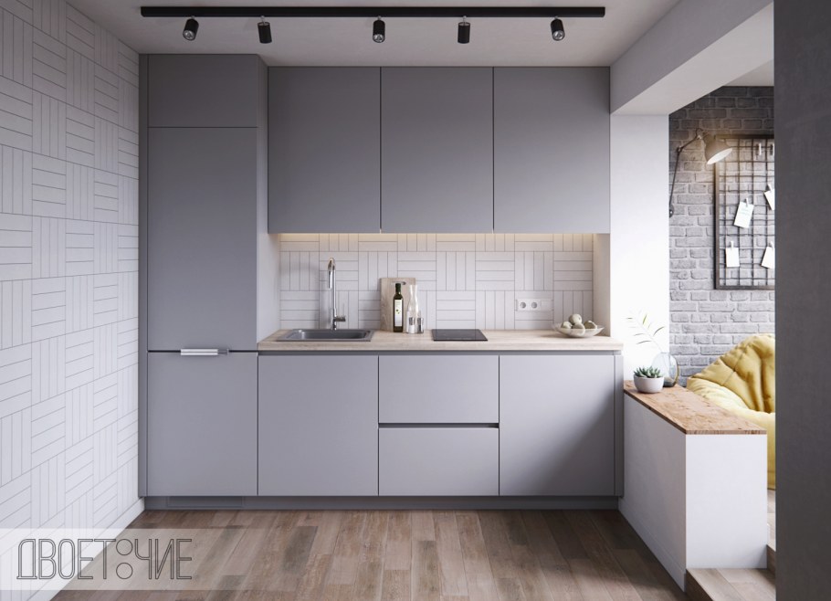 Серо белая кухня лофт