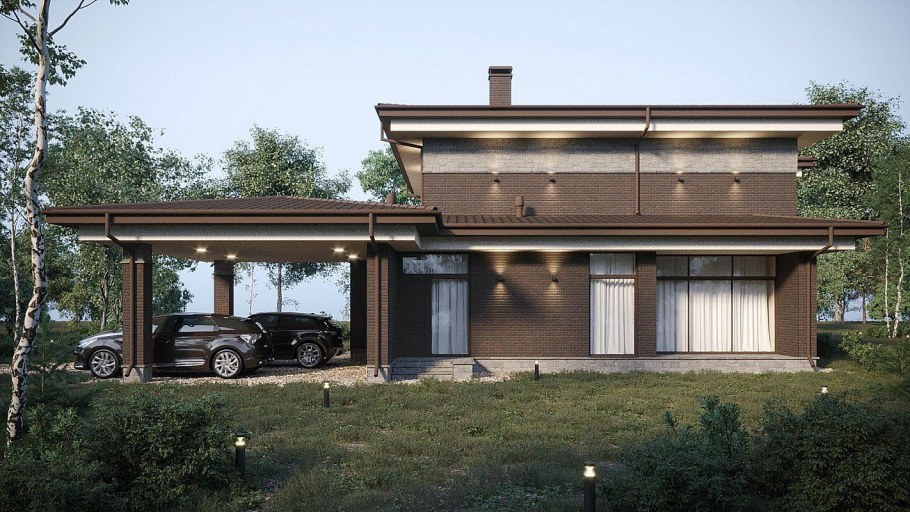 Одноэтажный дом в стиле Райта 200-250 кв