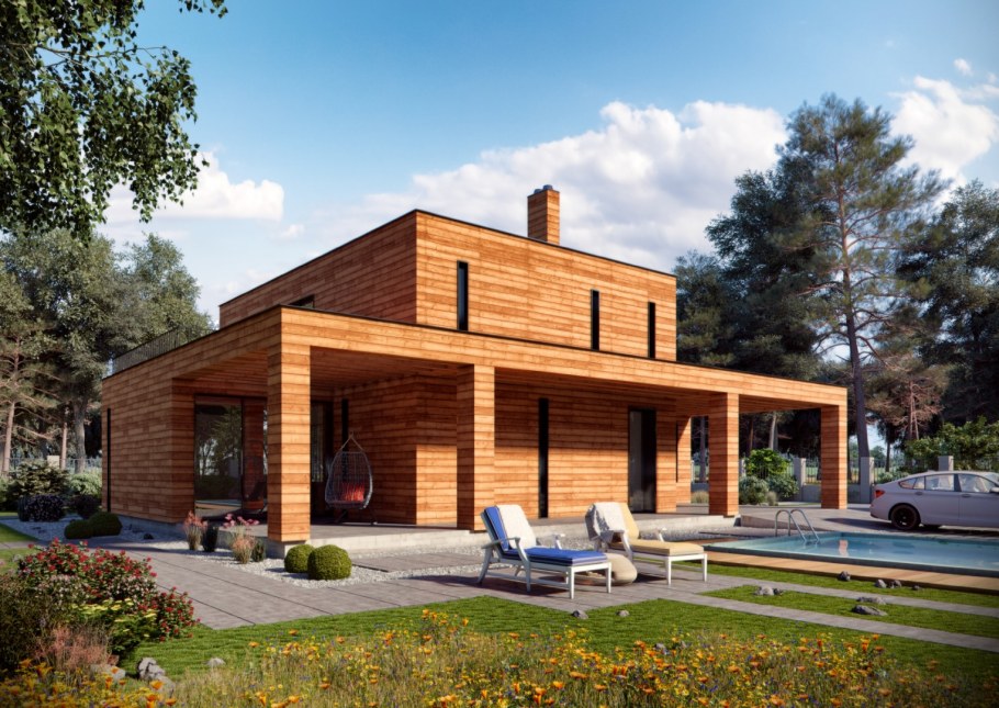 Бетонный дом с плоской крышей