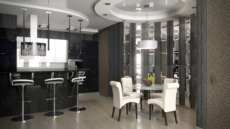 Кухня-гостиная в потолок с барной стойкой