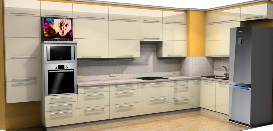 Кухонный гарнитур с горизонтальными верхними шкафами